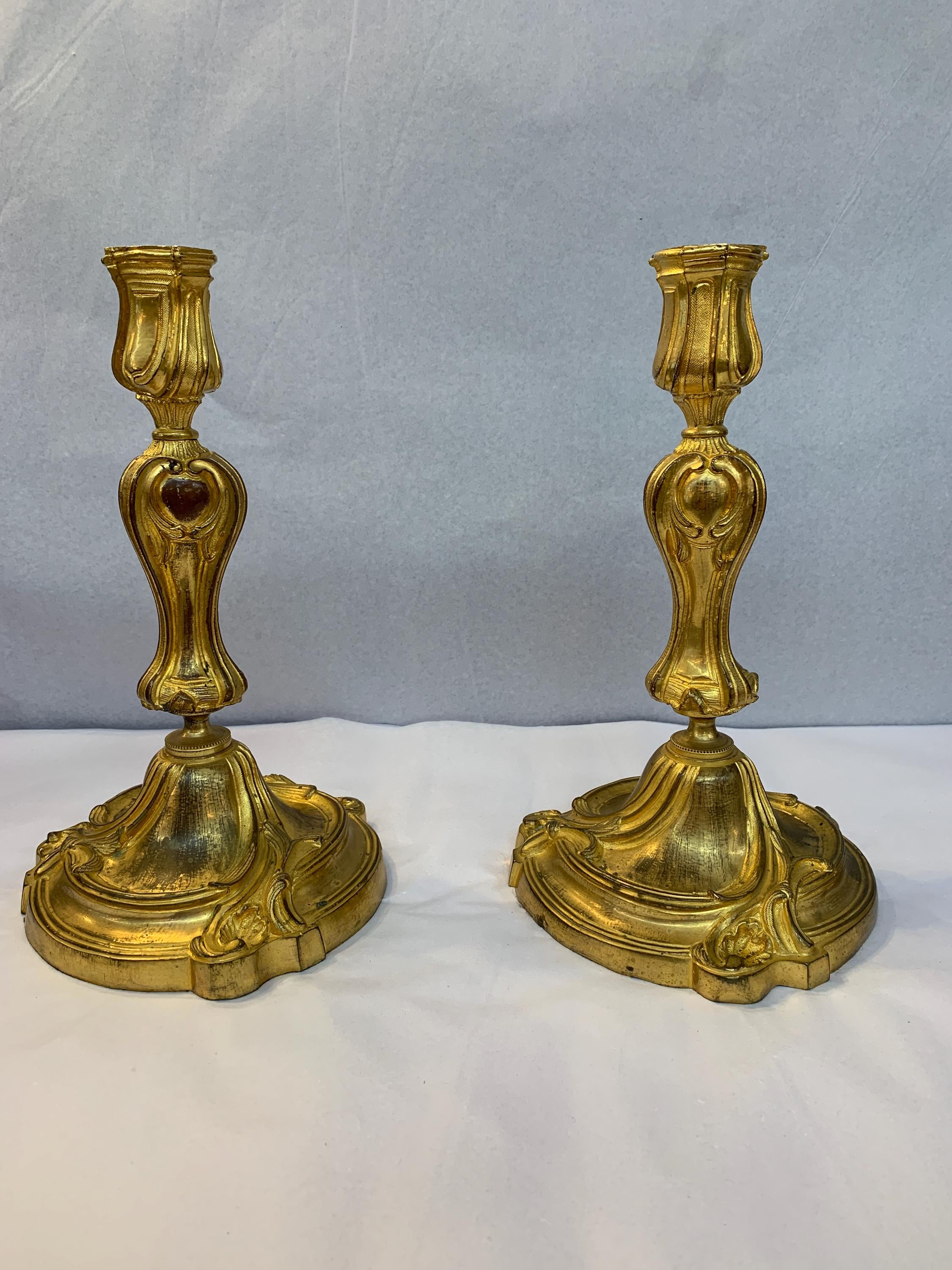 Pair of Heavy Vintage Gilt Bronze French Candlesticks, 9.5" Tall, Excellent Condition, Finely Crafted French Bronze Candlesticks