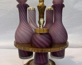 Vintage Purple Satin Glass Condiment Set with Embossed Brass Holder, Swirled Satin Glass set of 5 Pieces in Perfect Condition