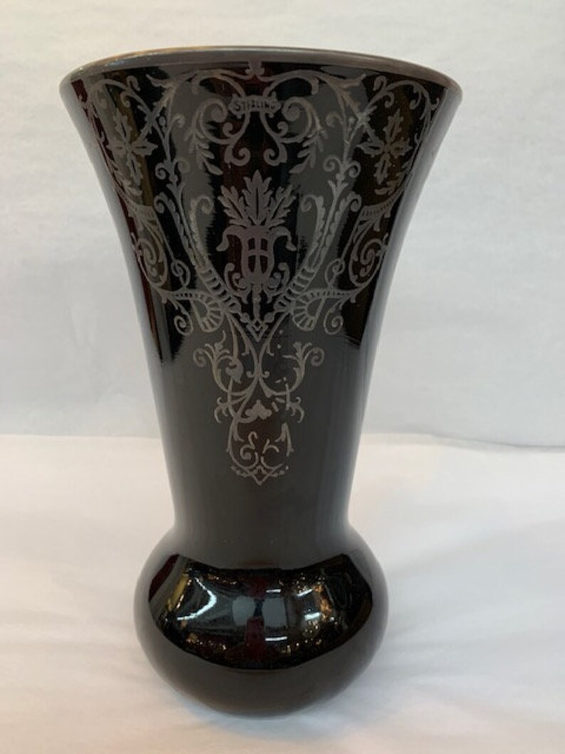 Antique Black Glass Vase with Silver Overlay Design Etsy