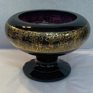 Antique Moser Art Glass Compote with Large Gold Embossed Decoration, Dark Purple Amethyst Glass Hand  Decorated in a Neo-Classic Greek Motif