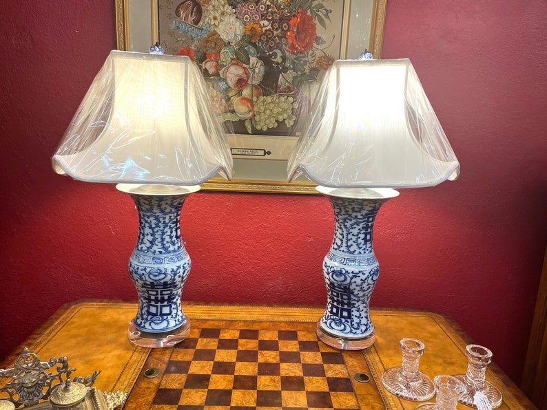 Pair of Vintage Asian Blue & White Lamps Urns Are Vintage Etsy