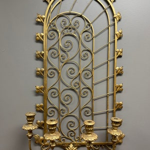 Vintage Wall Candelabra, Gilded Metal with Wood Candleholders, Tall Sconce with 4 Candleholders