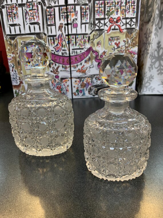 Pair of Vintage Oval Hand Cut Perfume Bottles, Two Sizes, Matching