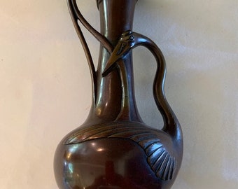 Vintage Asian Bronze Vase with Stork Figural