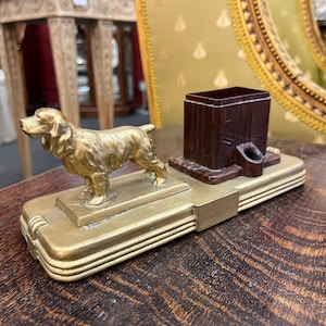 Vintage 1940's Spelter Desk Accessory Decorated with a Cocker Spaniel Dog and Bakelite Cup Mounted on a Metal Base with Felt Bottom