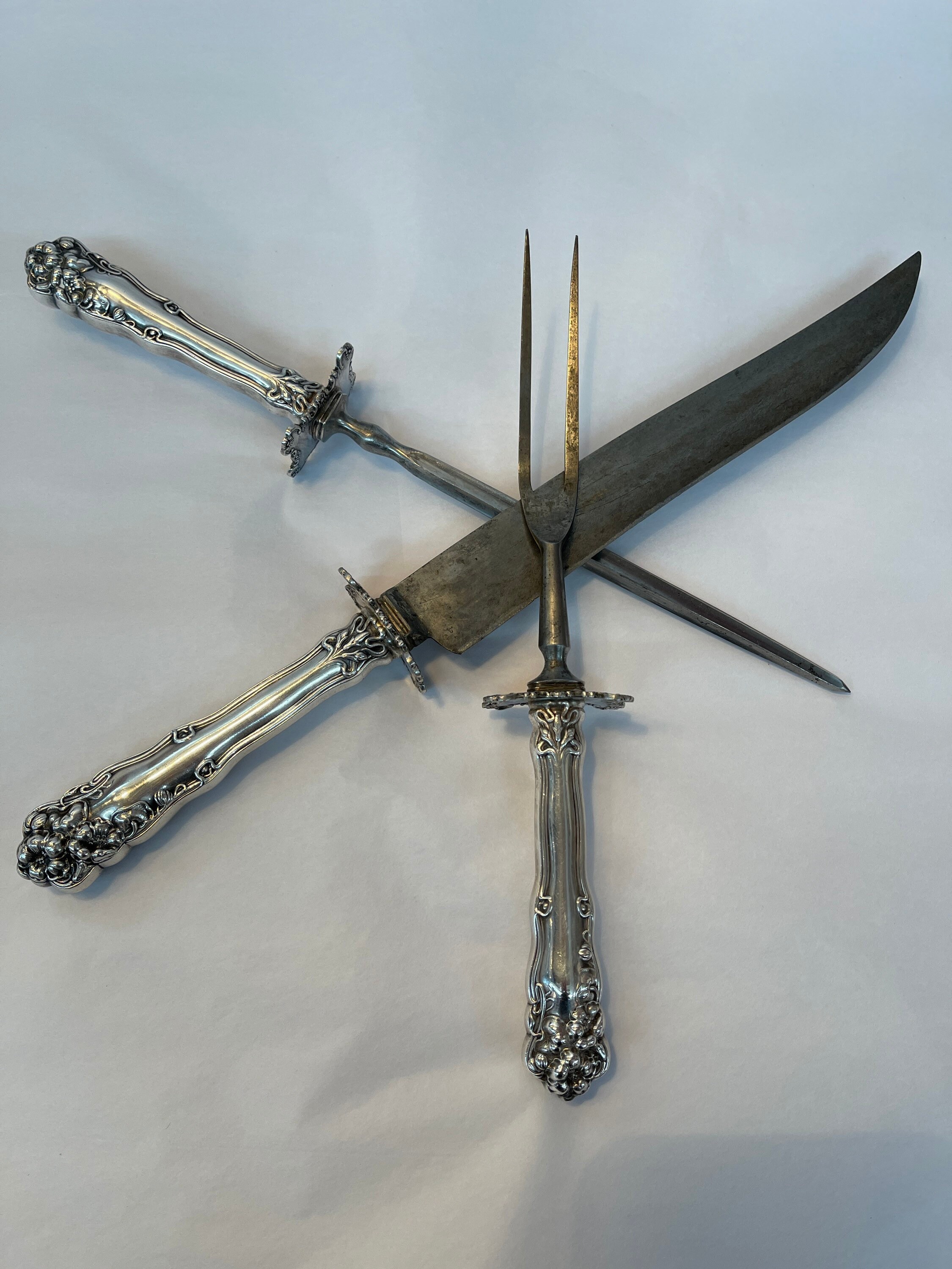Antique Art Nouveau Silver Meat Carving Set, Consisting of Carving Knife, Meat Fork and Knife