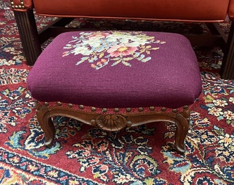 Antique Victorian French Carved Walnut Needlepoint Tapestry, Circa 1920's Original Needlepoint Upholstery with Nails/Brads, new Bottom Cover