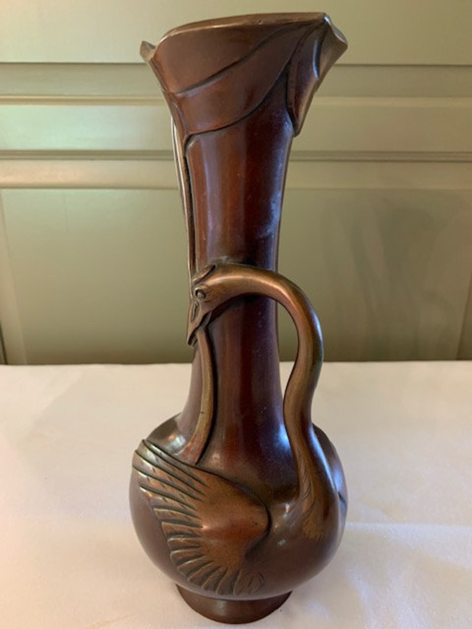 Vintage Asian Bronze Vase With Stork Figural Etsy