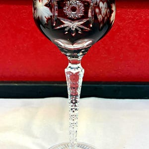 Set of 7 Vintage Heavy and Hand Cut Bohemian Crystal Wine Glasses/Hocks, Cut-To-Clear Cased Deep Ruby Glass, Sawtooth Cut Stems, 8.5&quot; Tall