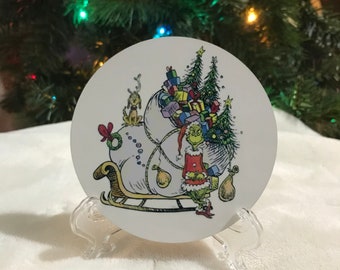 Grinch and Sleigh Hardboard Christmas Coaster