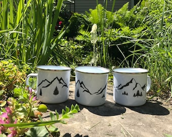 Mounatain Enamel Mug, camping mug, travel mug, mountains,