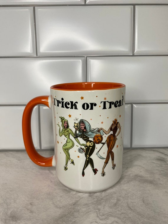 Retro Halloween Mug, Trick or Treat, Orange Handle