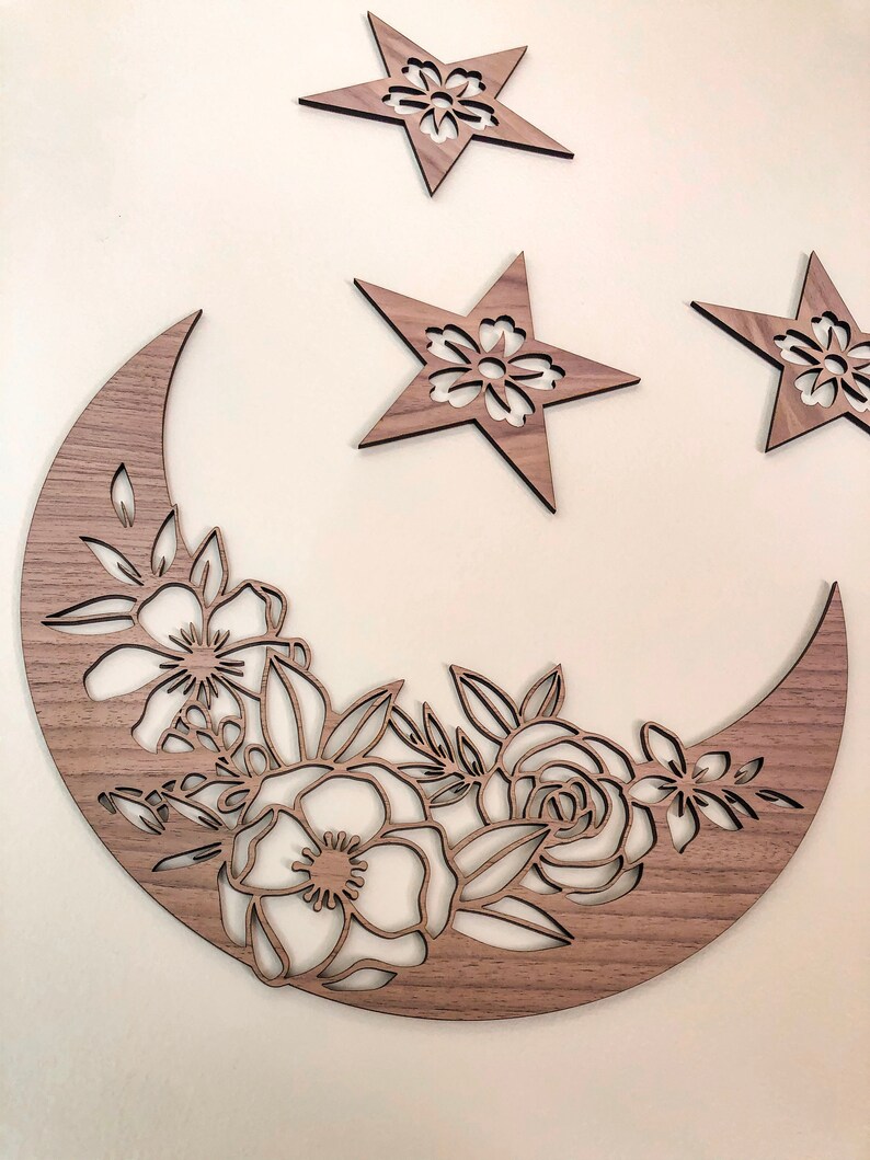 Download Floral Wooden Moon and Stars Celestial Galaxy Wall Decor ...