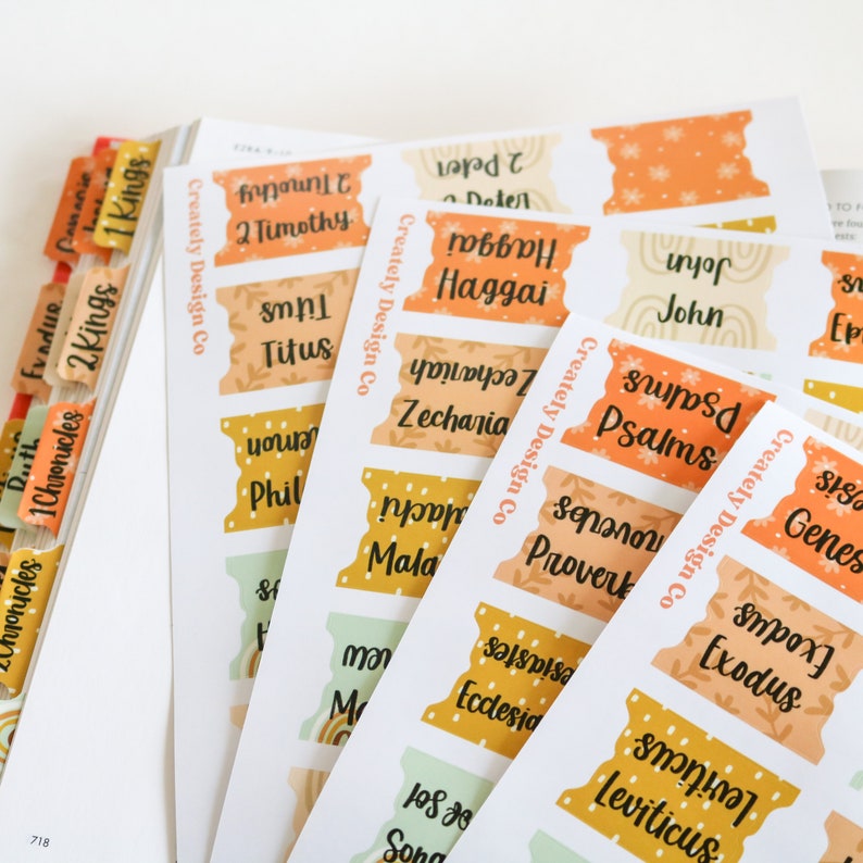 Pu&ograve; includere: Un set di segnalibri colorati con i nomi dei libri della Bibbia stampati su di essi. I segnalibri sono progettati con un motivo floreale e hanno una combinazione di colori pesca, giallo e verde.