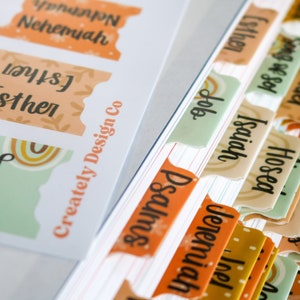 Pu&ograve; includere: Un set di segnalibri colorati con i nomi dei libri dell'Antico Testamento, tra cui Ester, Neemia, Isaia, Geremia, Osea, Giobbe e Salmi. I segnalibri sono decorati con un motivo arcobaleno e il testo "Creately Design Co."