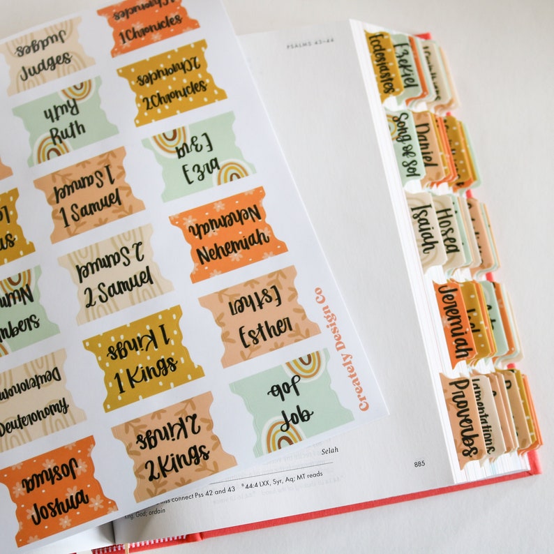 Pu&ograve; includere: Un set di segnalibri colorati con i nomi dei libri della Bibbia. I segnalibri sono progettati con un motivo arcobaleno e accenti floreali. I nomi dei libri sono scritti in testo nero.