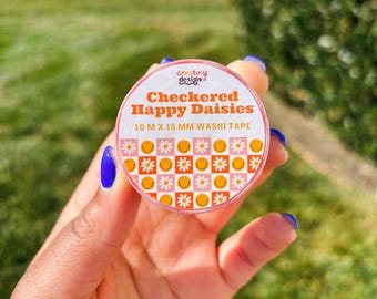 Geruite Happy Daisies-washitape / 10 m x 15 mm / bedrukte washitape / plakband / plannertape / benodigdheden voor bijbeljournaling