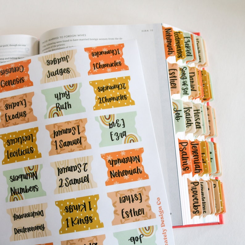 Pu&ograve; includere: Un set di segnalibri per la Bibbia colorati con accenti arcobaleno. I segnalibri sono etichettati con i nomi dei libri della Bibbia, tra cui Genesi, Esodo, Levitico, Numeri, Deuteronomio, Giosu&egrave;, Giudici, Rut, 1 Samuele, 2 Samuele, 1 Re, 2 Re, 1 Cronache, 2 Cronache, Esdra, Neemia, Ester, Giobbe, Salmi, Proverbi, Ecclesiaste, Cantico dei Cantici, Isaia, Geremia, Lamentazioni, Ezechiele, Daniele, Osea, Gioele e Amos.