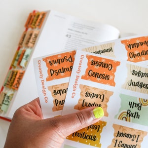 Pu&ograve; includere: Un set di segnalibri colorati con i nomi dei libri della Bibbia stampati su di essi. I segnalibri sono progettati con un motivo floreale e il testo "Creately Design Co."