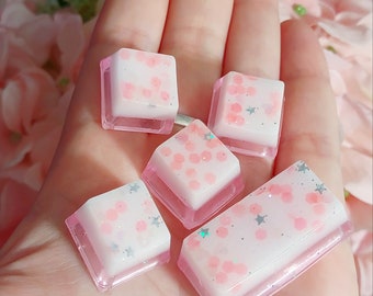 Pink and White Starry Heart Pudding Artisan  Resin Keycaps, Cute ESC and Backspace Keys for Mechanical Keyboards