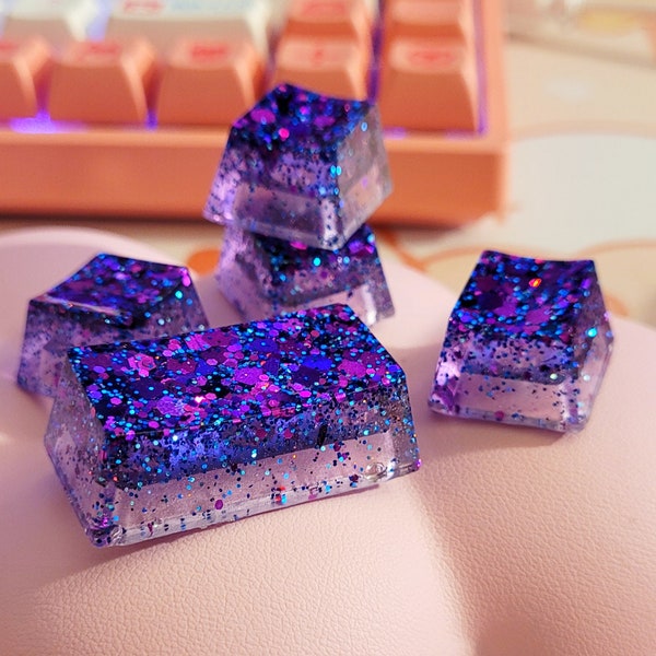 Purple Mega-Sparkle Iridescent Artisan Resin Keycaps, Cute ESC and Backspace Keys for Mechanical Keyboards