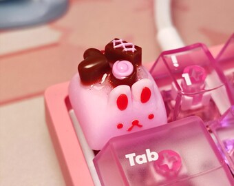 Chocolate Love Bunny Artisan Resin Kawaii Keycap, Cute Pink Handmade ESC Key for Mechanical Keyboards