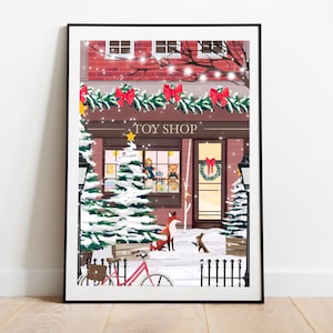 Cozy Christmas Toys Shop Art Print – Festive Holiday Illustration with Snow Scene, venue illustration, top selling wall art, home decor