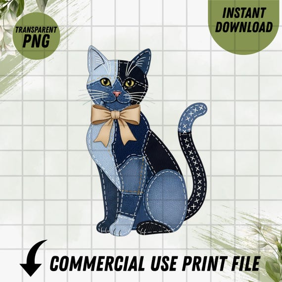Patchwork Denim Cat Sublimation Design, 300DPI Transparent PNG, Kitten Applique Image, Digital Download, Cute Feline, Indigo Blue Design
