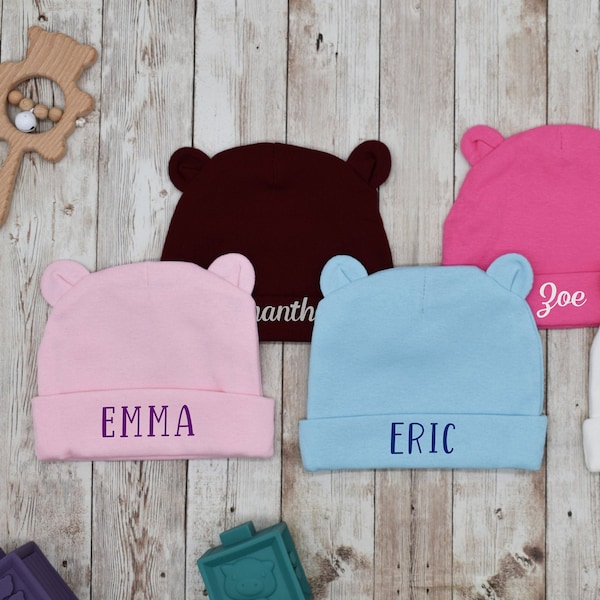 Bear Baby Hat with Name, Newborn Hat, Infant Hat, Baby Boy Hat, Hospital Hat, Personalized Baby Hat, Newborn hat with Name, Baby Girl Hat