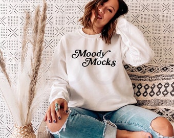 Gildan 18000 Mockup | Gildan White Sweatshirt Mockup | Sweatshirt Model Mockup | Moody Mocks