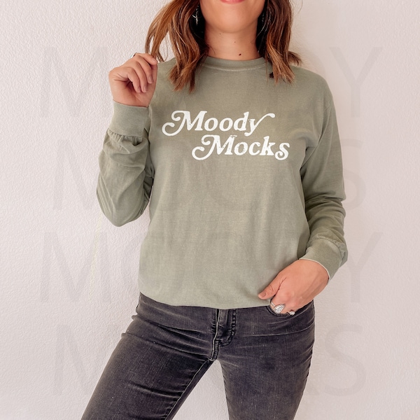 Comfort Colors 6014 Mockup | Comfort Colors Sandstone Long Sleeve Shirt Mockup | Model Mockup | Moody Mocks