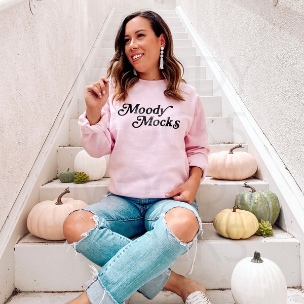 Fall Mockup | Halloween Mockup | Gildan 18000 Sweatshirt Mockup | Gildan Pink Sweatshirt G180 Mockup | Model Mockup | Moody Mocks