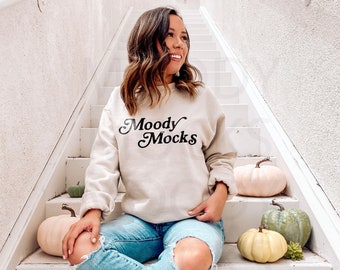 Fall Mockup | Halloween Mockup | Gildan 18000 Sweatshirt Mockup | Gildan Sand Sweatshirt G180 Mockup | Model Mockup | Moody Mocks