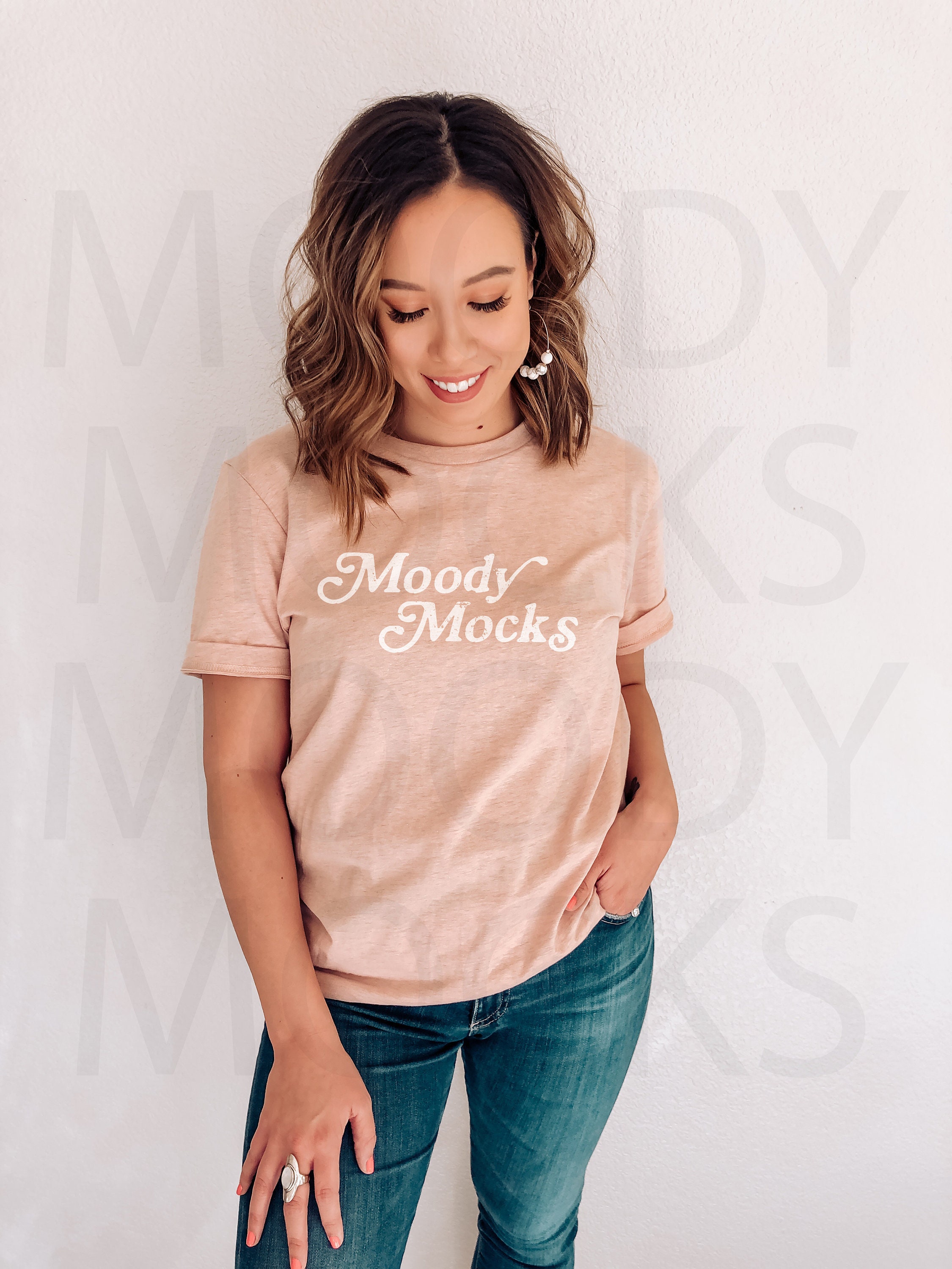 Bella Canvas 3001 Heather Peach Shirt Mockup Model Mockup Heather Peach T-Shirt Mockup