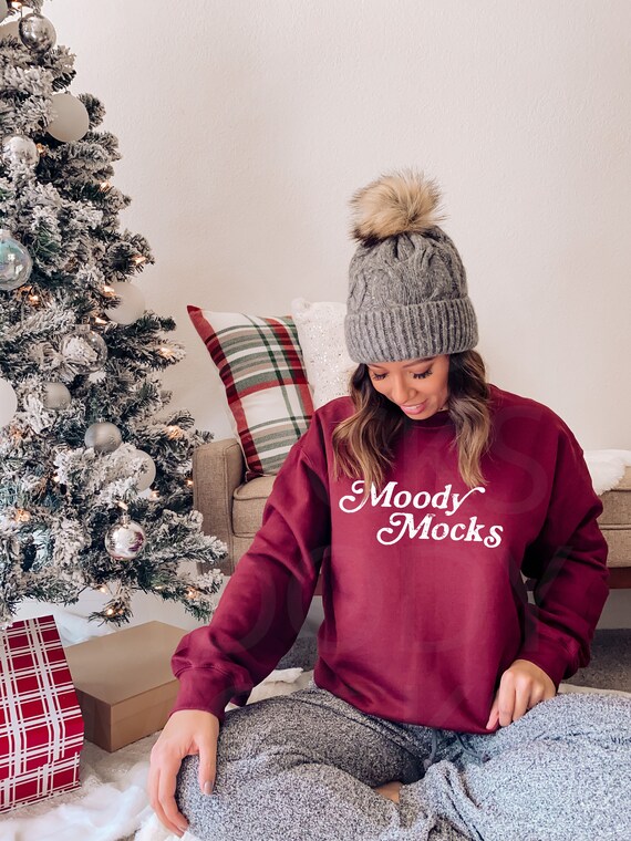 Gildan 18000 Mockup Gildan Cardinal Red Sweatshirt Mockup Christmas Mockup Model Mockup Moody Mocks Etsy