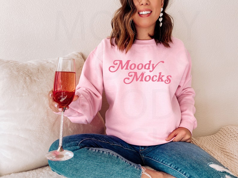 Gildan 18000 Mockup Gildan Light Pink Sweatshirt Mockup Valentine's Day Mockup Model Mockup Moody Mocks image 1