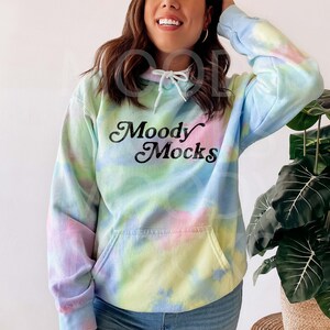 Gildan Dyenomite D680VR Blended Tie-Dye Hoodie Mockup | Gildan Dyenotmite Pastel Rainbow Hooded Sweatshirt Mockup | Moody Mocks