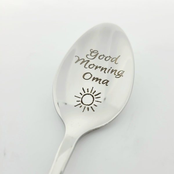 Engraved Oma Coffee Spoon , Personalized Good Morning Spoon with Sun, Custom Stainless Steel Cutlery, Grandmother Gift, Mother's Day Gift