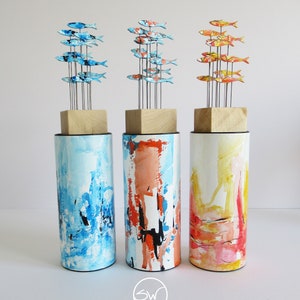 Sunset sea, abstract shoal of fish with matching storage tube, small sculpture for windowsill, desk, bookshelf, great gift image 6