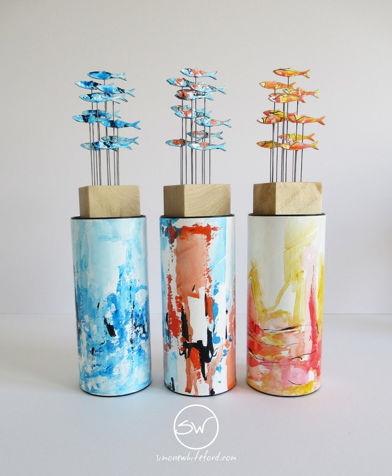 Sunset sea, abstract shoal of fish with matching storage tube, small sculpture for windowsill, desk, bookshelf, great gift image 6