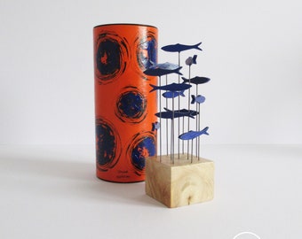 Orange & ultramarine blue Art lover's shoal of fish with matching storage tube, small sculpture for windowsill, desk, bookshelf, great gift