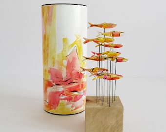 Sunset sea, abstract shoal of fish with matching storage tube, small sculpture for windowsill, desk, bookshelf, great gift