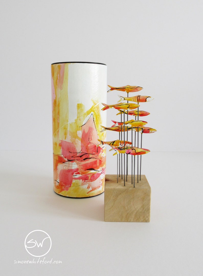 Sunset sea, abstract shoal of fish with matching storage tube, small sculpture for windowsill, desk, bookshelf, great gift image 1