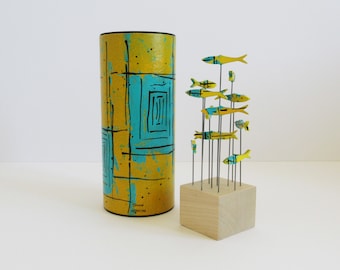 Yellow Art lover's shoal of fish with matching storage tube, small sculpture for windowsill, desk, bookshelf, great gift