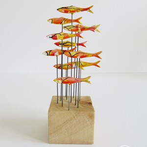 Sunset sea, abstract shoal of fish with matching storage tube, small sculpture for windowsill, desk, bookshelf, great gift image 5