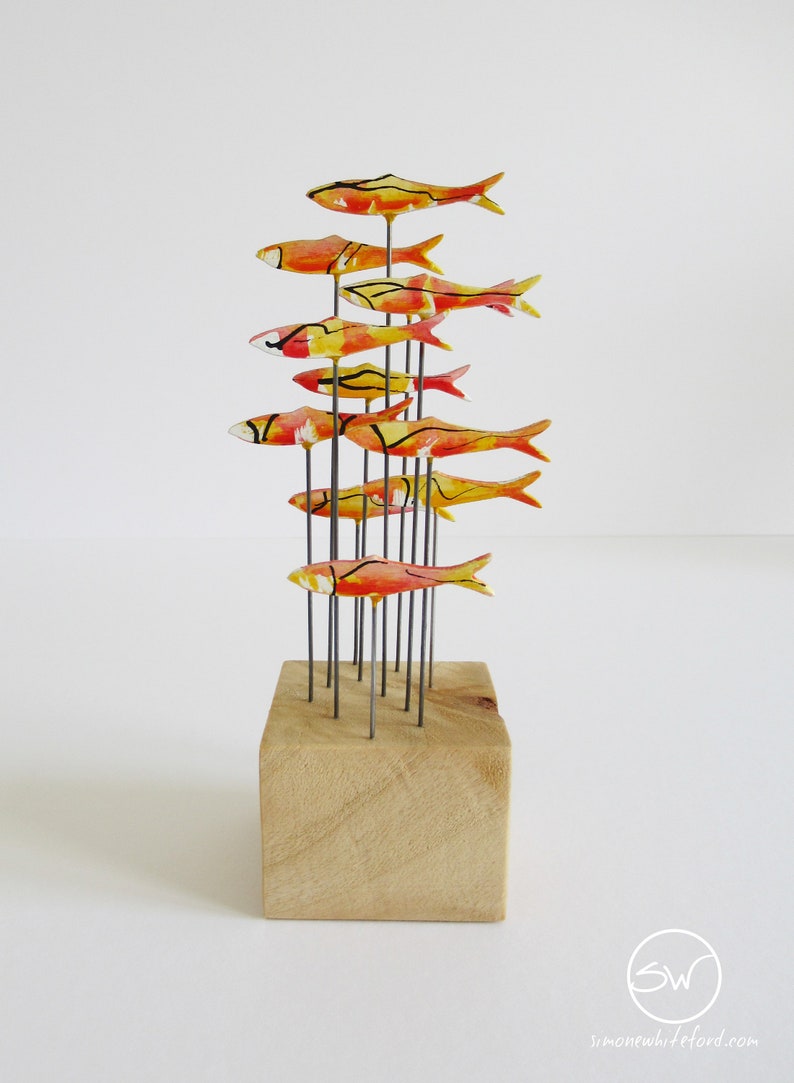 Sunset sea, abstract shoal of fish with matching storage tube, small sculpture for windowsill, desk, bookshelf, great gift image 5