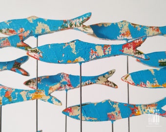 Beach school of fish on Rippled Sycamore hardwood base, sculpture for windowsill, desk or bookshelf