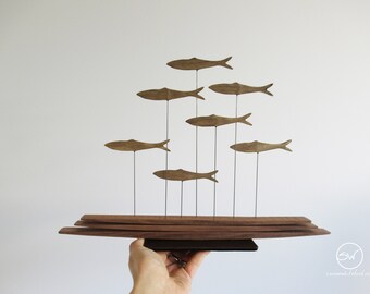 Balanced shoal of fish on 3 tier American Walnut wood with mild steel base, (thinner one) sculpture for windowsill, desktop or bookshelf