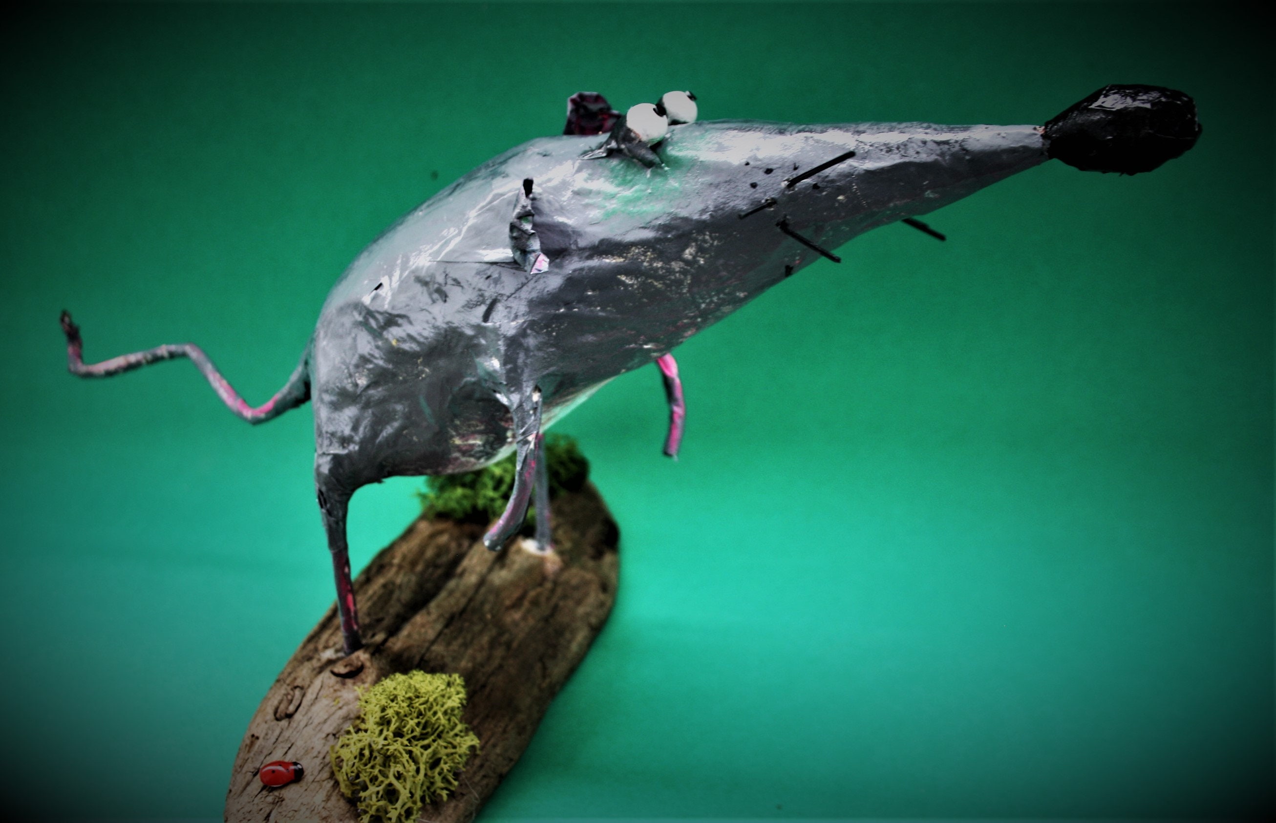 Paper mache figurine grey rat on a wooden stand pappmache Etsy