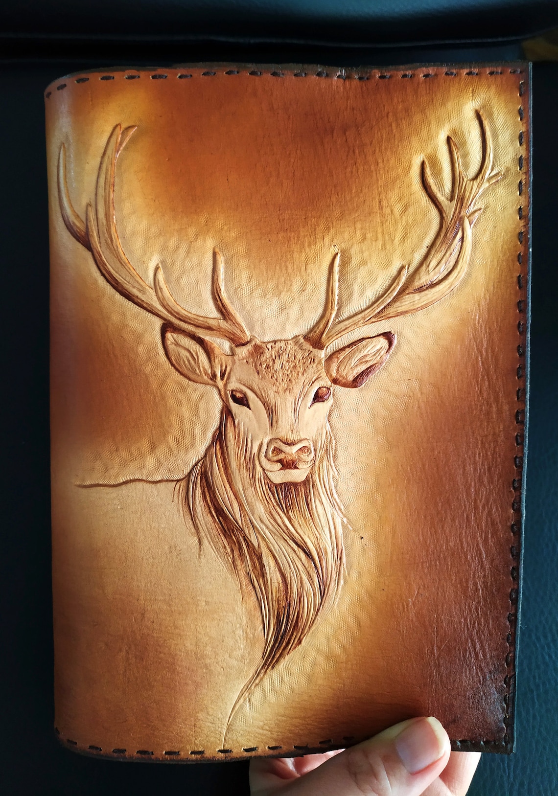 Deer elk stag handmade handcarved tooled leather journal book Etsy